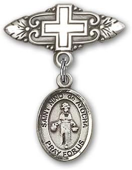 ReligiousObsession's Sterling Silver Baby Badge with St. Nino de Atocha Charm and Badge Pin with Cross