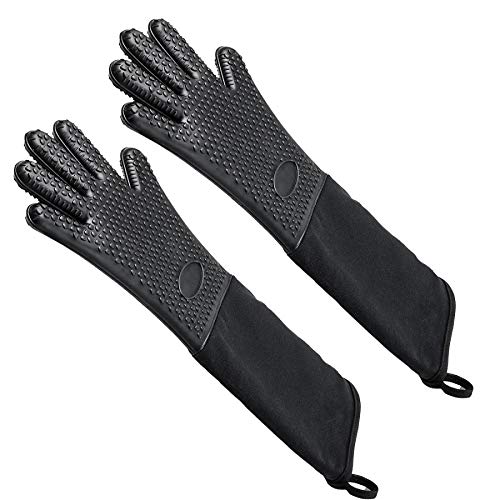 Homegk Extra Long Silicone Oven Gloves, Heat Resistant Non-Slip Cotton Quilted Mitts, for BBQ, Baking, Grilling & Cast Iron - Black (Extra Overlength)