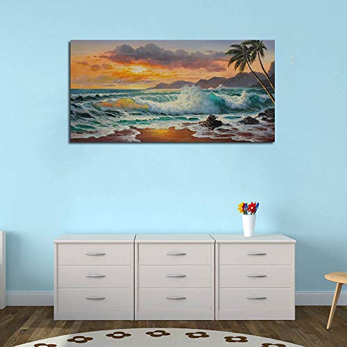 Ardemy Canvas Wall Art Beach Sunset Seawave Tropical Palm Tree Picture Prints, Blue Seascape Beach Large Size Ocean…