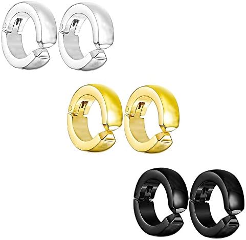 Nicever Stainless Steel Clip On Huggie Earrings Small Hinged Hoop Faux Body Piercing 3 Pairs Dome Style