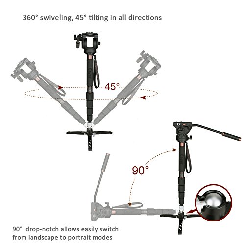 Video Monopod with Feet,Cayer AT35DV+ 68 inch Aluminum Monopod Leg and K3 Pan Tilt Fluid Head with SV4 Tripod Stand for DSLR and Video Cameras Camcorders, Plus 1 Bonus Quick Release Plate [Upgraded] - Thumbnail 4