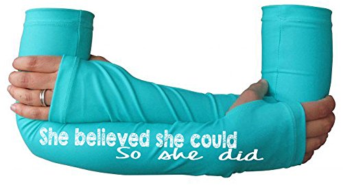 Running Arm Warmer for Women - Compression Sleeves for Runners with Thumbholes - She Believe she Could so she did. Teal - Thumbnail 2