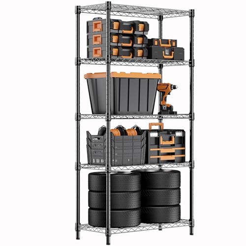 M MZG Heavy Duty Metal Shelving Unit with 5 Levels, up to 567 kg, Adjustable Shelves for Garage, Workshop and Warehouse, Studio, Black, 35 x 60 x 159 cm