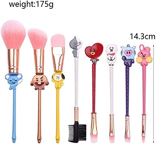 8pcs BT21 Makeup Brush Set with Cute Metal Handle for Eyebrow,Eye Shadow,Foundation,Blending and Lips,Cartoon Cosmetic Brushes with Pink Gift Pouch