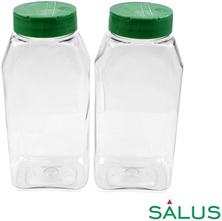 SALUSWARE - 2 PACK - 32 Oz with Green Cap - Plastic Jars Bottles Containers – Perfect for Storing Spice, Herbs and Powders – Lined Cap - Safe Plastic – PET - BPA free - Made in the USA