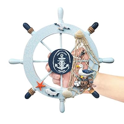 2 Pack 11" Nautical Beach Wooden Ship Wheel and 11" Wooden Anchor with Rope Nautical Boat Steering Wheel Rudder Anchor Wall Art Decor Door Hanging Ornament Beach Theme Home Decoration(White&Blue) 41nfGTkDaFL