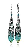 Aqua Blue Icicle Crystal Silver-Tone Filigree Teardrop Long Pendant Spike Earrings