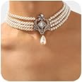 fxmimior Boho Women Bridal Vintage 1920s Layered Tassels Pearl Shiny Rhinestones Choker Necklace Simple Necklaces for Women