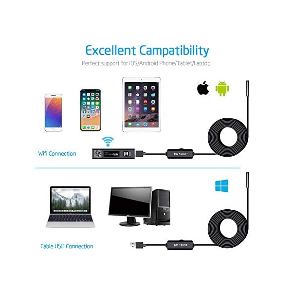 aasier Endoskopkamera WiFi USB Endoskop Inspektionskamera 8mm Halbsteife Kabel 2.0 Megapixels 1200P HD IP68 Wasserdicht… – Bild 8