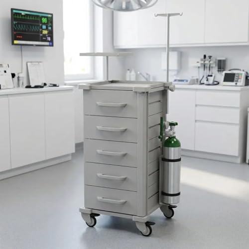 Carrinho de Emergência Hospitalar 5 Gavetas com Equipamentos e Tampo Inox | Carrinho para UTI, Clínicas, Procedimentos e Hospitais | MAD.U