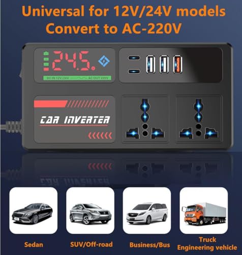 200W Car Power Inverter, DC 12/24V to 220V AC Converter with 3 USB 2 Type-C Ports, LED Screen Display, Switch Control for Cars SUV Truck