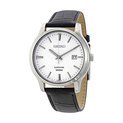 Seiko Quartz Sapphire Silver Tone Dial Leather Band Mens Watch SGEH43
