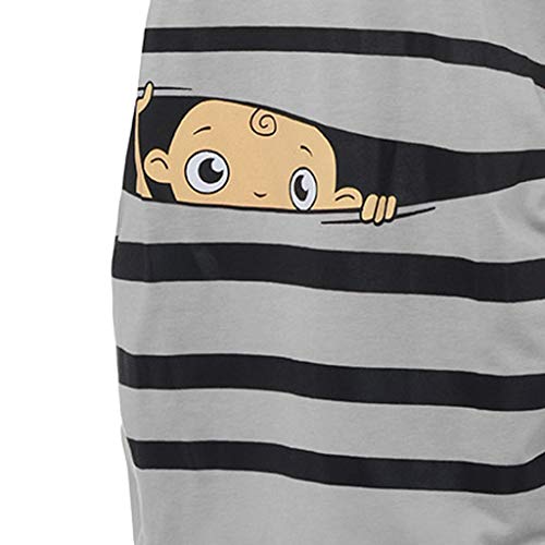Woman Maternity T-Shirt,Stripe Baby Print Short Sleeve Ruched Side Top, Pregnancy Funny Fashion Style Blouse (Gray, L)