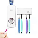 Potentcera Toothbrush Holder Automatic Toothpaste Dispenser Set Dustproof with Super Sticky Suction Pad Wall Mounted Kids Hands Free Toothpaste Squeezer for Family Washroom bathroom（white）