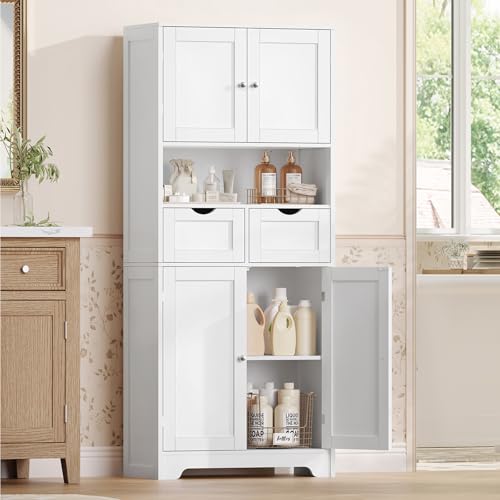 TEENFON 57.8" H Tall Bathroom Cabinet, Storage Cabinet with Adjustable Shelf & 2 Drawers, Bathroom Storage Cabinet with 4 Doors for Living Room, Dining Room, White