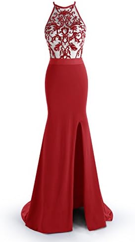 ALAGIRLS Sexy Mermaid Prom Dress Embroidery Long Evening Dress Split Dark Red US26Plus