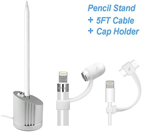 Apple Pencil Charger Stand &amp; Cap Holder, Piozone Charging Dock (Aluminum) with Built-in Charging Cable (5FT) Apple Pencil Holder &amp; Apple Pencil Cap Keeper for iPad Pro Apple Pencil