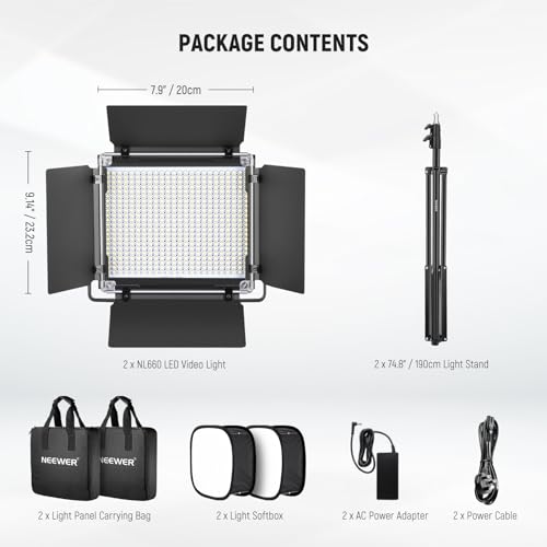 NEEWER 2 Pack Bi-color 660 LED Video Light and Stand Kit:(2)3200-5600K CRI 96+ Dimmable Light with U Bracket and Barndoor,(2) Softbox Diffuser,(2)75 inches Light Stand for Photography, Video Shooting