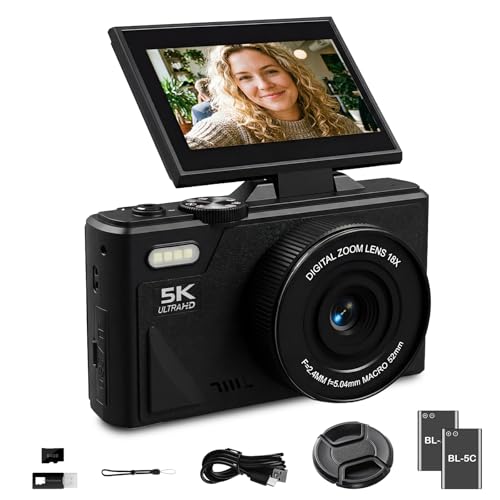 5K Digital Camera for Photography - 75MP WiFi Vlogging Camera for YouTube, Travel Flash Camera for Beginners Adults, UHD 18X Zoom with Flip Screen 3" 180°, 64 GB SD Card, 2 Batteries, Black