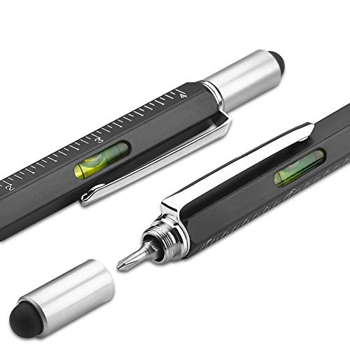 Screwdriver Pen Pocket Multi-Tool 6 in 1 - Multi-Functional & Sturdy Aluminum DIY Tool, With Screwdriver, Stylus, Bubble Level, Ruler & Phillips Flathead Bit, Unique Gift Idea (2 Piece, Black)