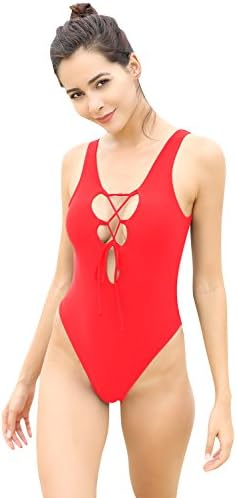 Balanciga One Piece High Cut Deep V Swimsuit Monokini Bikini for Women(Medium(US 8-10),Red)