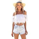 Orangeskycn Fashion Women Boho Lace White Blouse Off Shoulder Crop Shirt Tops (S)