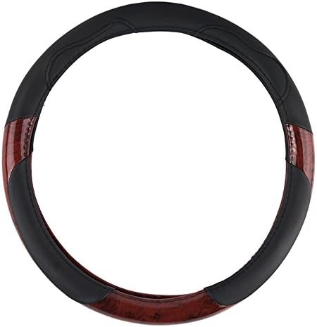 KM World Black 14.5-15 Inch PU Leather and Dark Wood Design Steering Wheel Cover With Precise Hand Placements, Fits Ford F150, F250