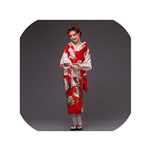 Japanese Kimono Yukata Kimono Women Long Sleeve V Neck Haori Traditional Kimonos with OBI,Red 2,One Size