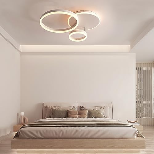 MOUNM Bedroom Chandelier, LED Ceiling Light Dimmable 3000K-6000K Aluminium, 54W 5400lm, for Bedroom, Living Room, Living Room, with Remote Control, Three Circles