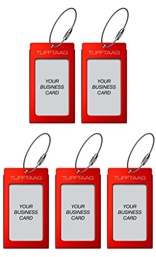 TUFFTAAG Personalized Luggage Tag Set w/ Business Card Holder - Customized Metal Suitcase Labels (5pk Red)