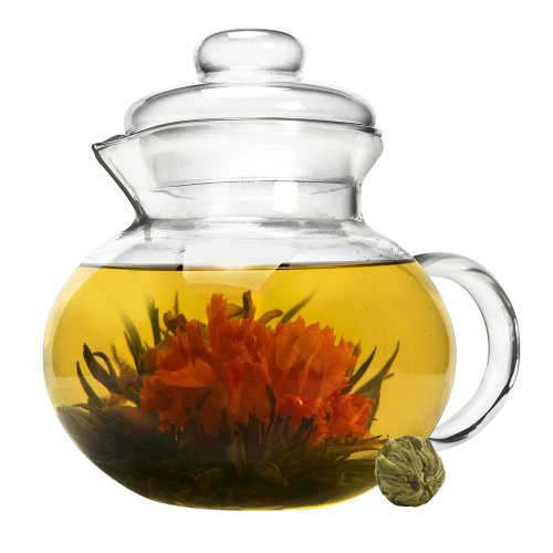 Primula Blossom Glass Teapot  Wide Mouthed Borosilicate Glass  40 oz.  Dishwasher and Microwave Safe  Clear  Includes 1 Flowering Tea