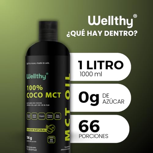 Wellthy MCT Oil 1L Aceite 100% Coco Natural. 66 Porciones, C8+C10 Alta Pureza, Keto y Paleo Safe, Sugar Free, Vegan, NON GMO, Gluten Free, Libre de Soya, Libre de Palma, Origen Filipino.