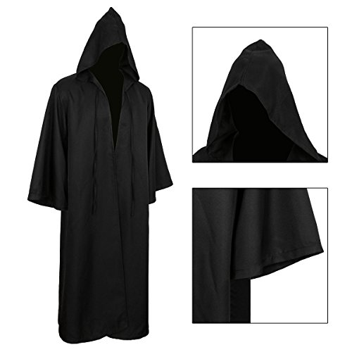 Men Tunic Hooded Robe Cloak Knight Gothic Fancy Dress Halloween Masquerade Cosplay Costume Cape (XXL, Adult Black)