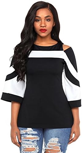 Surfywin Women's Colorblock Bell Sleeve Cold Shoulder Top Fashion Blouses