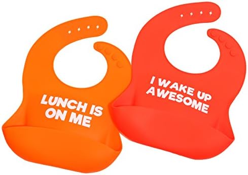 Funny saying silicone baby bib shower gift set - perfect for new mom-dad-grandparent of infant or toddler - boy or girl - soft waterproof food catcher pocket for drool and food! Fun twin gift 2 pack