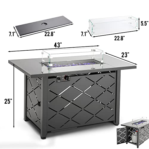 43 in Propane Fire Pit Table,Fire Pit Table with Glass Wind Guard
