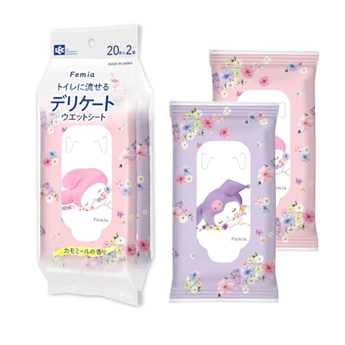 レック(LEC) Femia トイレに流せる デリケート ウエットシート 20枚入×2個 (マイメロ & クロミ) カモミールの香り