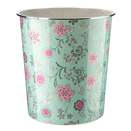 Home Plus 7.7 Litre Quality Floral Design Lightweight Waste Paper Basket Bin (Vintage Floral Jade Green & Silver)