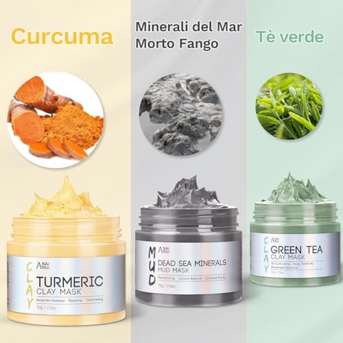 ANAiRUi Maschera Viso Curcuma - Maschera All'argilla Disintossicante Tè Verde - Maschera Fango Mar Morto, Maschere Set Spa, Purificante e Esfoliante e Idratante, 210g
