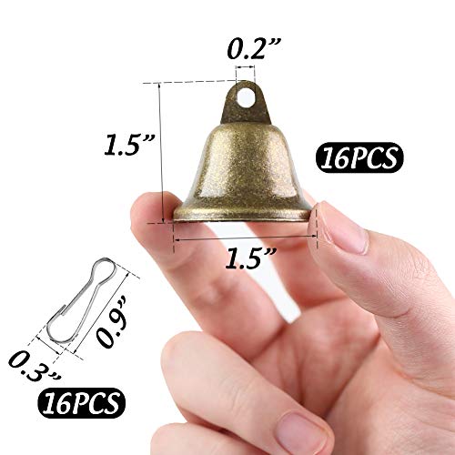 BigOtters Craft Bells, 16PCS Bronze Jingle Bells Vintage Bells with Spring Hooks Hanging for Wind Chimes Making Dog Potty Training Doorbell Christmas Halloween Thanksgiving Day Wedding Decor