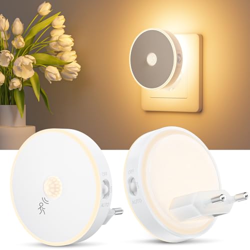Children's Night Light 2 Pcs, LED Night Light with Motion Sensor, Plug-in Night Lamp Adjustable Brightness, 3 Modes (AUTO/ON/OFF), Night Light for Kids/Stairs/Bedroom- Warm White