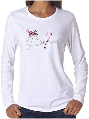 Wild Woman Tees Believe Candy Cane Cute Christmas Rhinestone Long Sleeve Shirts
