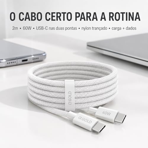 Cabo USB-C para USB-C 2 Metros 60W, Nylon Trançado Reforçado, Carga e Dados, Compatível com iPhone 15/16, Samsung Galaxy, Xiaomi, iPad, MacBook, Notebook e Tablet
