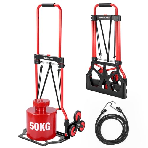 YEAUPE PRO Sack Truck, 50 kg Load Capacity, Folding Sack Truck, Height Adjustable & Stair Climber for Moving & Heavy Items, Stair Carts with 2 Expander Ropes & Sponge Handle (Red)