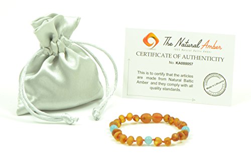 Baltic Amber Teething Bracelet / Anklet Mixed with Semi Precious Stones - Hand-Made from Certified Natural Baltic Amber Beads (5.5 inches (14 cm, Raw Cognac / Aquamarine)