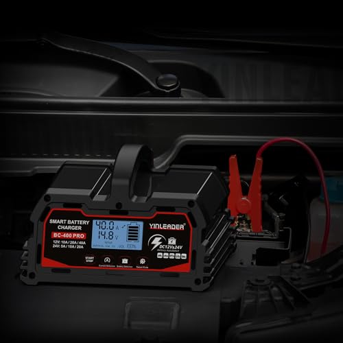 Car Battery Charger 40A/20A 12V/24V 20A/10A Car Battery Charger Fully Automatic Smart Charger with LCD Display, Chargers for 12V LiFePO4 Battery, Black