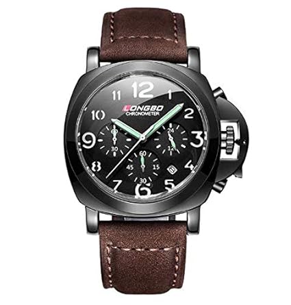 Longbo Business Casual Full Chronograph Auto Date Scratch Resistant Watch with Brown Leather Strap for Men and Boys