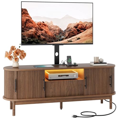 YITAHOME Fluted Curved TV Stand with Mount for 32-70 Inch TVs, Modern Entertainment Center with LED Lights & Power Outlets,Walnut