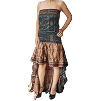 Womens Swirling Hi Low Dress Recycled Silk Ultimate Allure Flare Tiered Design Strapless Sundress M/L