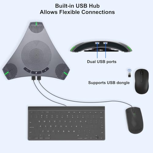 Conference Speaker and Microphone - 360° Omnidirectional USB Speakerphone with USB Hub, Features Noise Reduction and Echo Cancellation, Ideal for 8-10 People in Business Conferences and Home Offices.